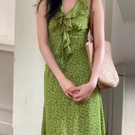 Green French V-Neck Pure Desire Sleeveless Halterneck Floral Dress Women's Summer New Seaside Vacation Long Dress
