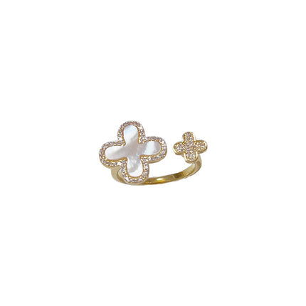 Niche Personalized Fashion Light Luxury All-match High-end Sense Micro-inlaid Zircon Shell Four-leaf Flower Opening Ring Delicate Finger Ring