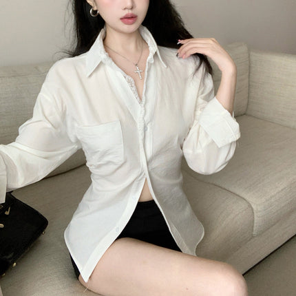 South Korea Dongdaemun's new product is a little surprised ~ waist lace stitching lapel fake two long sleeve shirts