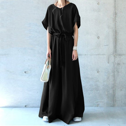 2023 cross-border Japanese skirt V-neck belt lace-up short sleeve large swing dress loose plus size mop skirt