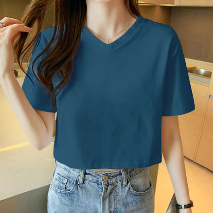 White Short T-Shirt Women's Short-Sleeved V Neck Loose Crop Top Summer New Half-Sleeved Pure Cotton Women's T-Shirt Clothes