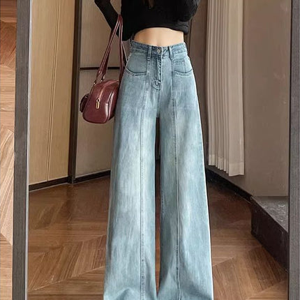 light blue Wide Leg Jeans Women's Spring 2025 New High Waist Flesh Covering Stretch Design Sense Mop Pants
