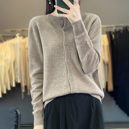 Factory wholesale autumn and winter new 100% wool round neck knitted cardigan women slim fit knitted coat sweater Joker