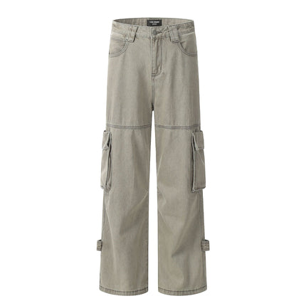 11Kn American Distressed Gray Cargo Pants for Men and Women, Stereo Tailoring, Multi-Flap Pocket Pants, Loose Slimming Look Wide-Leg Straight Pants