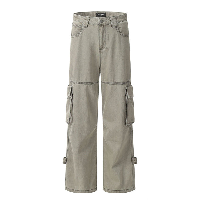 11Kn American Distressed Gray Cargo Pants for Men and Women, Stereo Tailoring, Multi-Flap Pocket Pants, Loose Slimming Look Wide-Leg Straight Pants