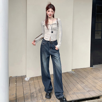 American Style Retro Dark Wide Leg Jeans Women's Autumn and Winter New Loose All-match Slim-fit Mop Pants