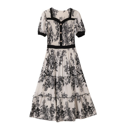 Miyake Pleats 2025 Summer New Fashionable Elegant Square Neck Printed Pleated Skirt Waist-Slimming Magic Dress