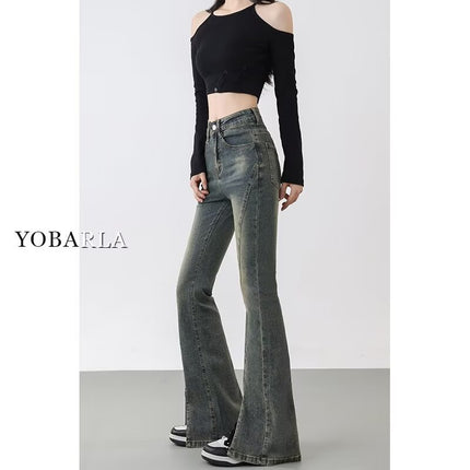 Pear-Shaped Figure Retro Distressed Flared Slit Jeans for Women, Spring and Autumn, Plus Size, High-Waisted, Slimming, Flared Pants