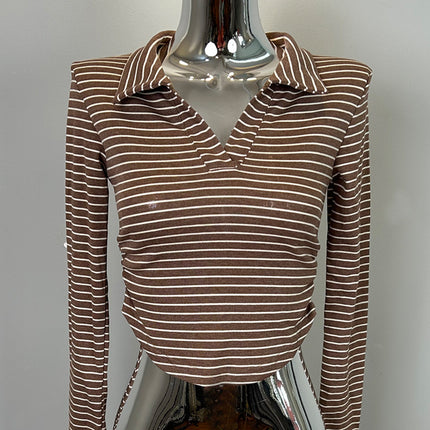 South Korea's Dongdaemun New Product Polo Collar Pinstripes Elastic Waist Short Long-Sleeved T-Shirt Top Women's Trendy