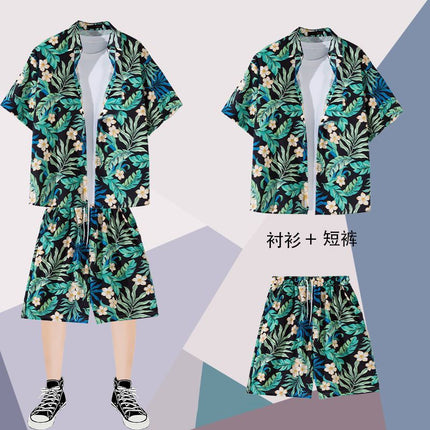 Summer thin short-sleeved floral shirt men's Hong Kong style retro Ruan Shuai Hawaiian seaside couple short-sleeved shorts two-piece set
