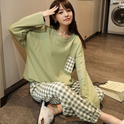 Factory wholesale live fashion spring and autumn cotton pajamas women's cute simple wind long sleeve trousers home clothes suit
