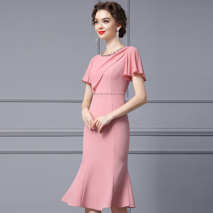Zhili French-Style Dress 2026 New Model for Tall Women, Summer Pink Ruffle Sleeves, Rhinestone Embellished, Slim Fit Mermaid Dress