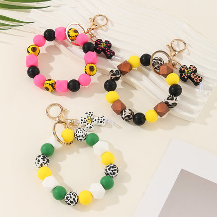 2025 Amazon New Printed Silicone Bead Bracelet Leopard Print Teacher's Day Bead Bracelet Pu Tassel Keychain