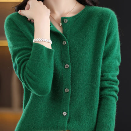 2024 Round-Neck Autumn and Winter Women's Cardigan Sweater Coat 100% Wool Loose Outerwear Versatile Knit Wool