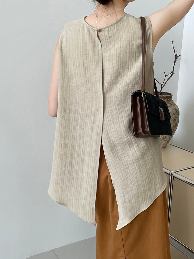 Tao Chuan Temperament Fan ~ Design Sense Back Split Crewneck Vest Women's Leisure Commuter Joker Sleeveless Top 2567