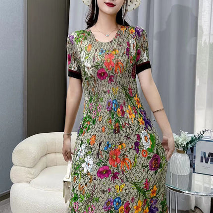 Miyake pleated 2025 summer new temperament round neck printed pleated skirt fashion waist thin magic dress