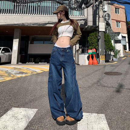 Vintage dark blue High Street Loose Fashion Machete Pants Women's Spring Design Sense Big Pocket Wide Leg Jeans Mop Pants