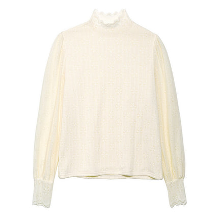 Half-turtleneck Thickened Brushed Base Shirt Women's Autumn and Winter New Styliky Inner Slimming Bubble Long-sleeved fleece-lined Lace Shirt