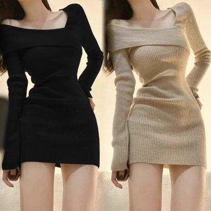 2025 New Style Slanted Collar Inner Layering Knitted Waist Dress Women's Autumn and Winter Sweater Hip Skirt