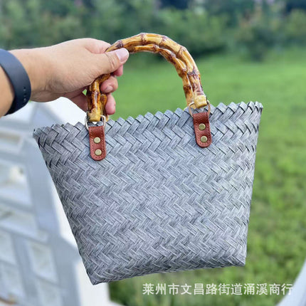 Purely Handmade Bamboo Woven Bag 2026 New Style Woven Bag French-Style Hand-Held Straw Woven Colorful Bag Vegetable Basket Gift Bag