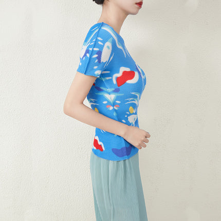 High-End Pleated Short-Sleeved Top for Women Summer Printed Slim-Fitting High-Elastic Tight-Fitting Large Size Garden Collar Accessible Luxury Miyake T-Shirt