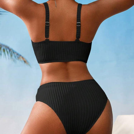 2025 New European and American Cross-Border Bikini Pure Color Deep V Threaded Pit Strip Sexy Bikini Split Swimsuit for Women