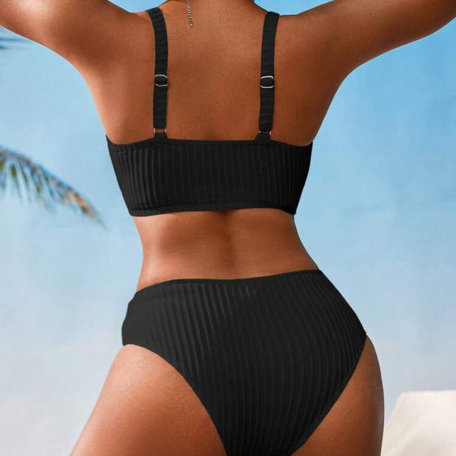 2025 New European and American Cross-Border Bikini Pure Color Deep V Threaded Pit Strip Sexy Bikini Split Swimsuit for Women