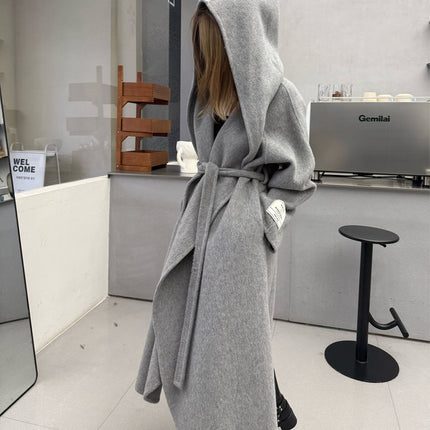 New Women's Autumn and Winter Extended Loose Korean Woolen Outwear Hooded Double-Sided Cashmere Outwear Women's Bathrobe Style