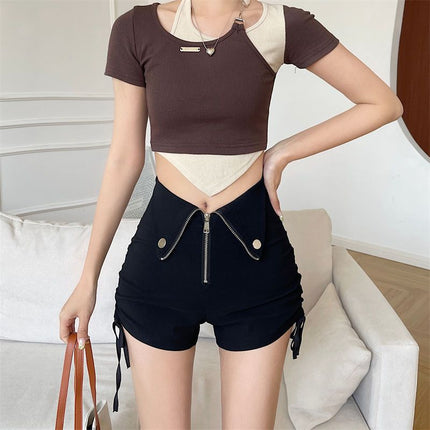 American Style Hot Girl High Waist Slimming Cuff Drawstring Shorts Women's Casual Stretch Loose Hot Hot Thin Button Hot Pants