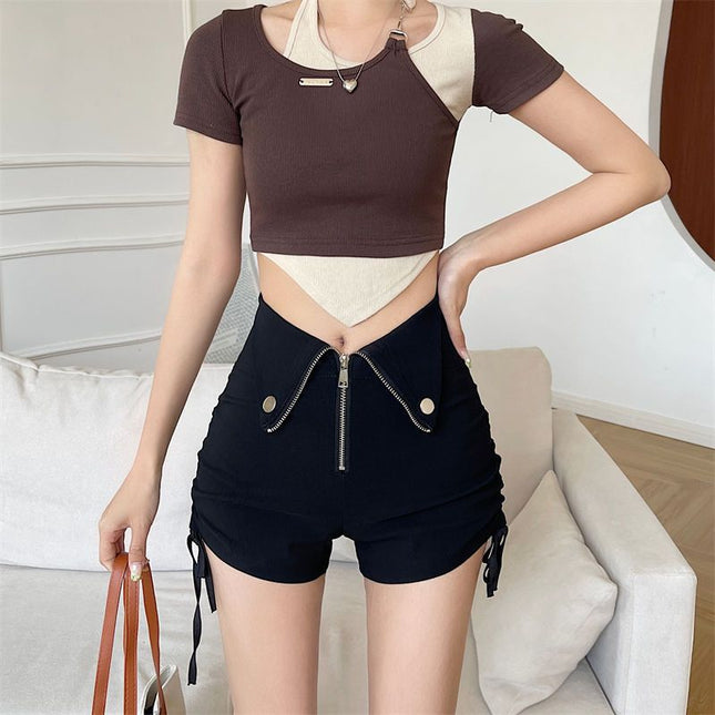 American Style Hot Girl High Waist Slimming Cuff Drawstring Shorts Women's Casual Stretch Loose Hot Hot Thin Button Hot Pants