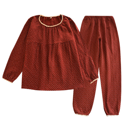 Red Floral Pajamas Women's Spring and Summer Pure Cotton Gauze Double-Layer Thin Long-Sleeved Home Clothes suit