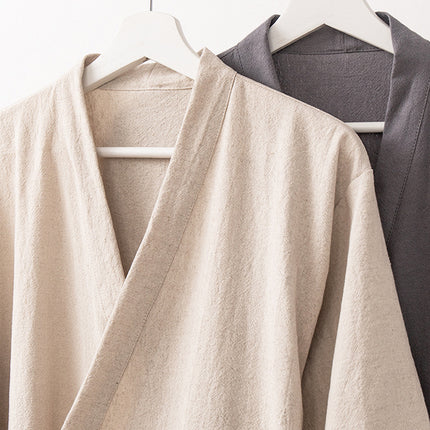 Spring and Summer Linen Cotton and Linen Chinese-Style Side-Breasted Bathrobe Bathrobe Home Wear Set Mid-Length Nightgown Bathing Spa Hotel