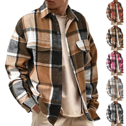 25 Amazon European and American Cross-Border Temu Elegant Lapel Checkered Men's Shirt Retro Brushed Casual Long-Sleeved Jacket