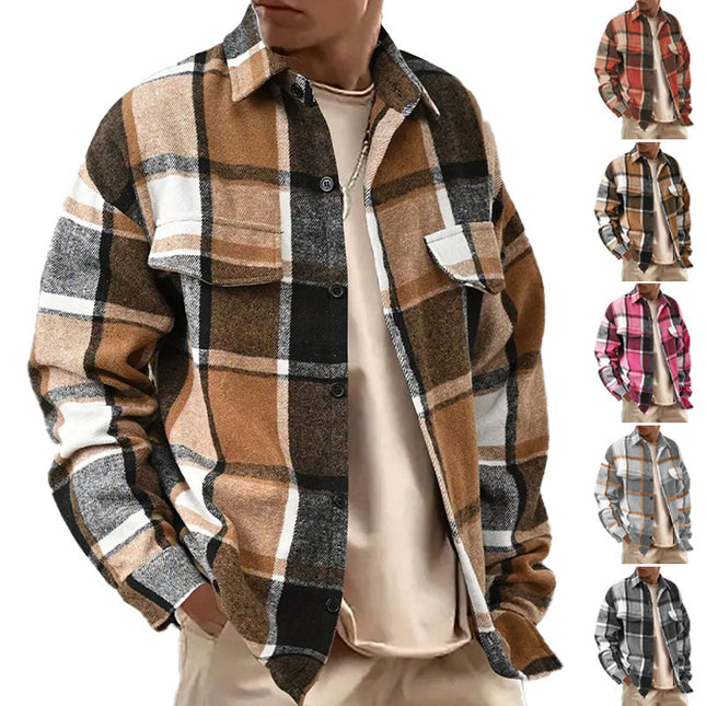 25 Amazon European and American Cross-Border Temu Elegant Lapel Checkered Men's Shirt Retro Brushed Casual Long-Sleeved Jacket