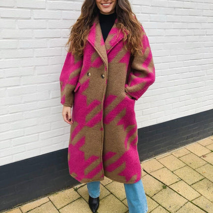 2025 New European and American Autum Cross-Border Women's Clothing, Various Color Matching Fashionable Long-Sleeved Lapel Outwears, Printed Woolen Outwears