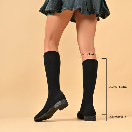 New Foreign Trade Spring and Autumn Elastic Slim Boots Mid-Calf Long Boots Women's Elastic Boots Chunky Heel Knit Sock Boots Slimming Versatile
