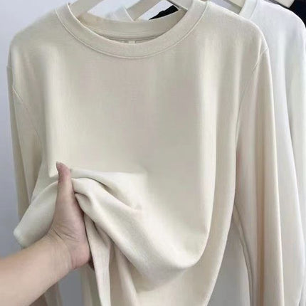All-Match Good Wearing Solid Color Net-Style Fleece Crewneck Long-Sleeved T-Shirt Women's Double-Scrub Fleece-Lined Thickened Inner Top