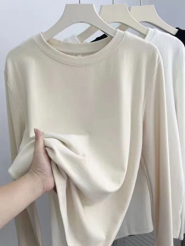 All-Match Good Wearing Solid Color Net-Style Fleece Crewneck Long-Sleeved T-Shirt Women's Double-Scrub Fleece-Lined Thickened Inner Top
