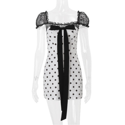 French-Style Cross-Border Popular Women's Polka Dot Mesh Splicing Bow Ribbon Fashion Sexy Hot Girl Short Dress