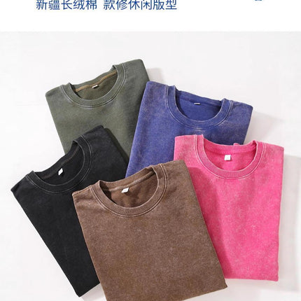 Trendy Brand Heavyweight Pure Cotton Terry 400g Washed Distressed Crew Neck Sweatshirt Hoodie Retro Sweatshirt with Printed Logo