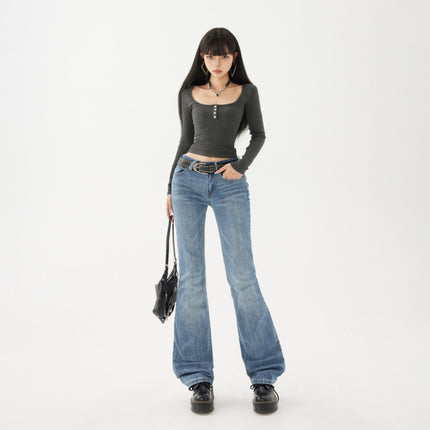2025 American Retro Low-Waist Hot Girl Flared Pants Slim Fit Slightly Stretchy Jeans Women's New Style & Long Pants