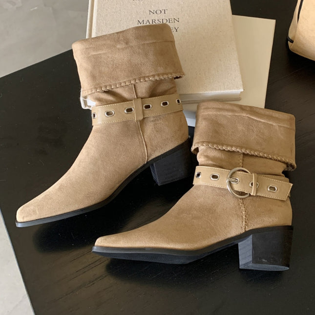 Knight Boots Women's 2025 Autumn and Winter New Retro Suede Northwest Wind Cowboy Boots Square Toe Thick Heel Medium Heel Travel Short Boots