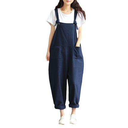 Factory direct supply of European and American plus size literature retro dark blue sanding cotton strap casual pants women 1701