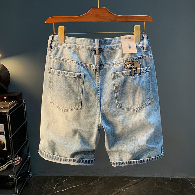 Summer Casual Shorts Men's plus size Light Color Five-point Jeans Trendy Embroidered High-end Men's Straight Pants