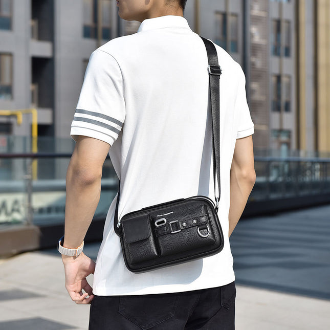 New Small Square Bag Men's Mobile Phone Storage Shoulder Bag Multi-functional Casual Crossbody Bag High-end Litchi Men's Bag