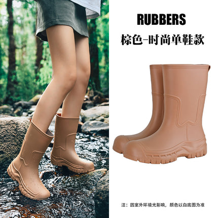 Korean and Japanese Cross-Border Women's Mid-Calf Outdoor Non-Slip Water Shoes, Thick-Soled Water Boots, Fleece-Lined Rubber Shoes, Rain Boots, Waterproof