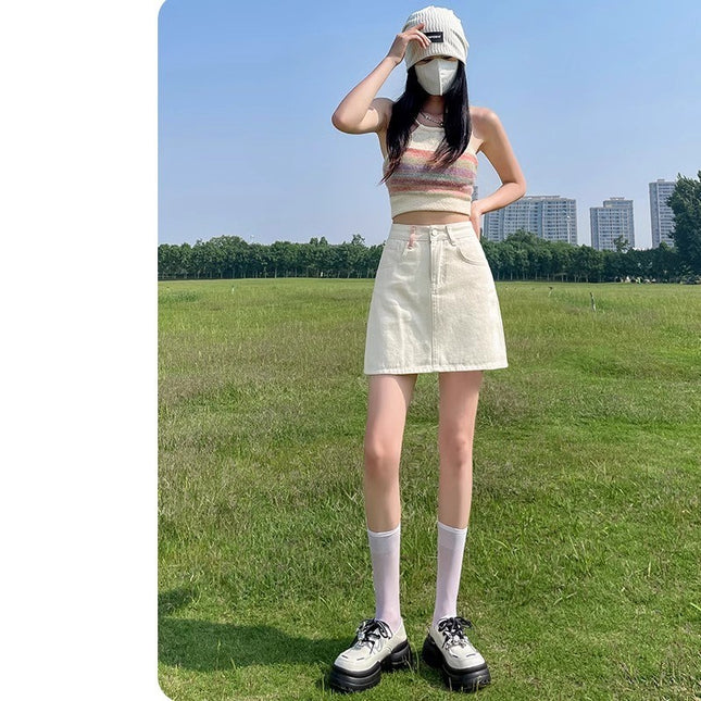 creamy-white Denim Shorts Women's Summer 2024 Fashionable High Waist All-match Design Sense Niche Collision Bag Hip Skirt