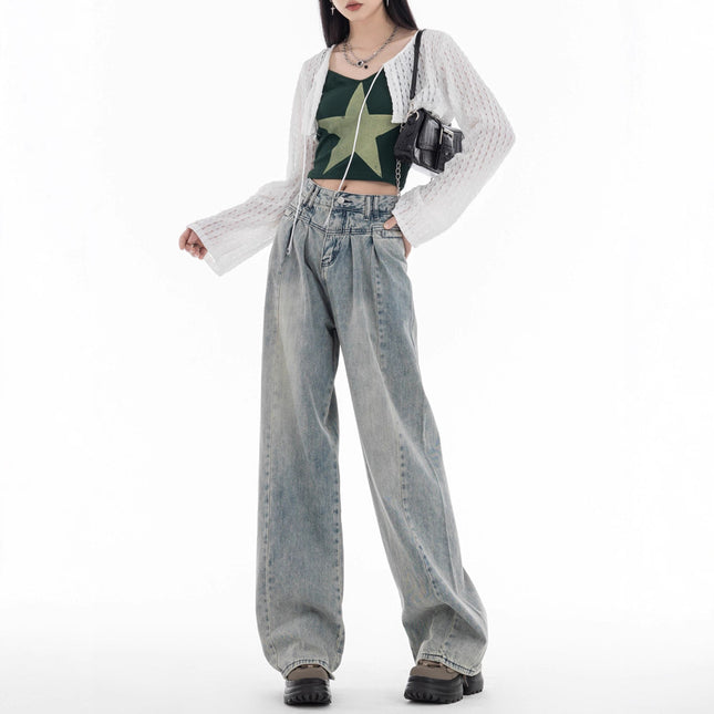 Retro Draped Jeans for Women, Summer Style, High-Waisted Hot Girls, Loose Casual Straight-Leg Floor-Length Wide-Leg Pants