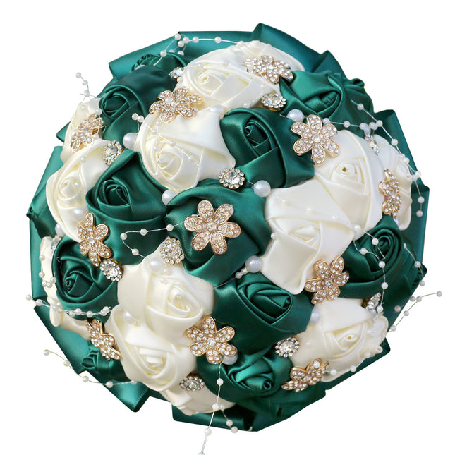Amazon Supply Dark Green Bride Bridesmaid Simulated Satin Rose Bouquet Church Wedding Supplies Wholesale