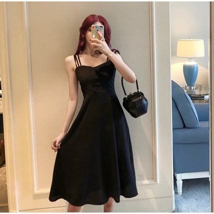 Cross-border Foreign Trade Mid-length Slip Skirt Summer Retro Hepburn Style dress Women's Black Elegant Sexy Shoulder Slim-fit